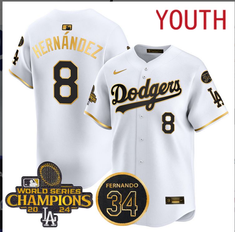 Youth  MLB Los Angeles Dodgers #8 Hernandez white 2024 World Series Champions Patch Limited Jersey style 3